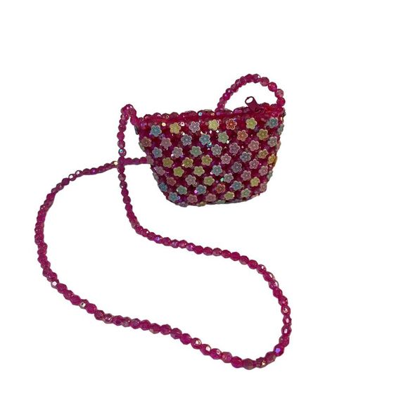 Vintage Tiny Pink Beaded Colorful Floral Purse With Long Strap Girls & Women - Picture 2 of 9